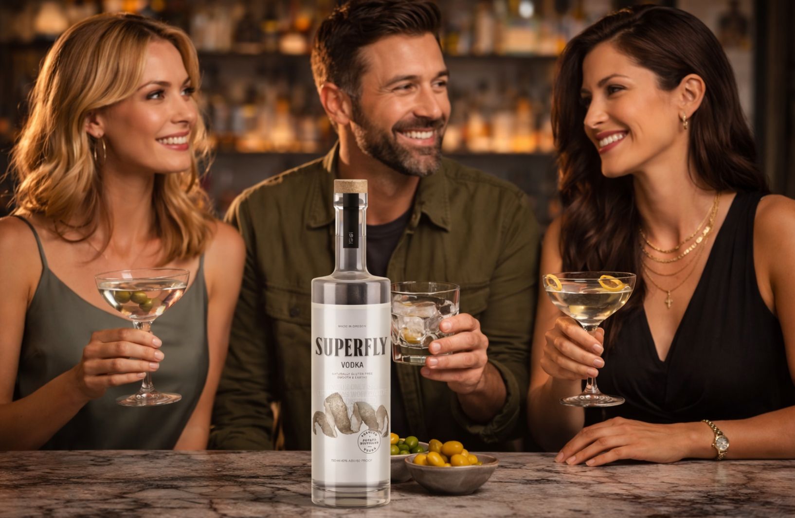 Friends sharing Superfly cocktails
