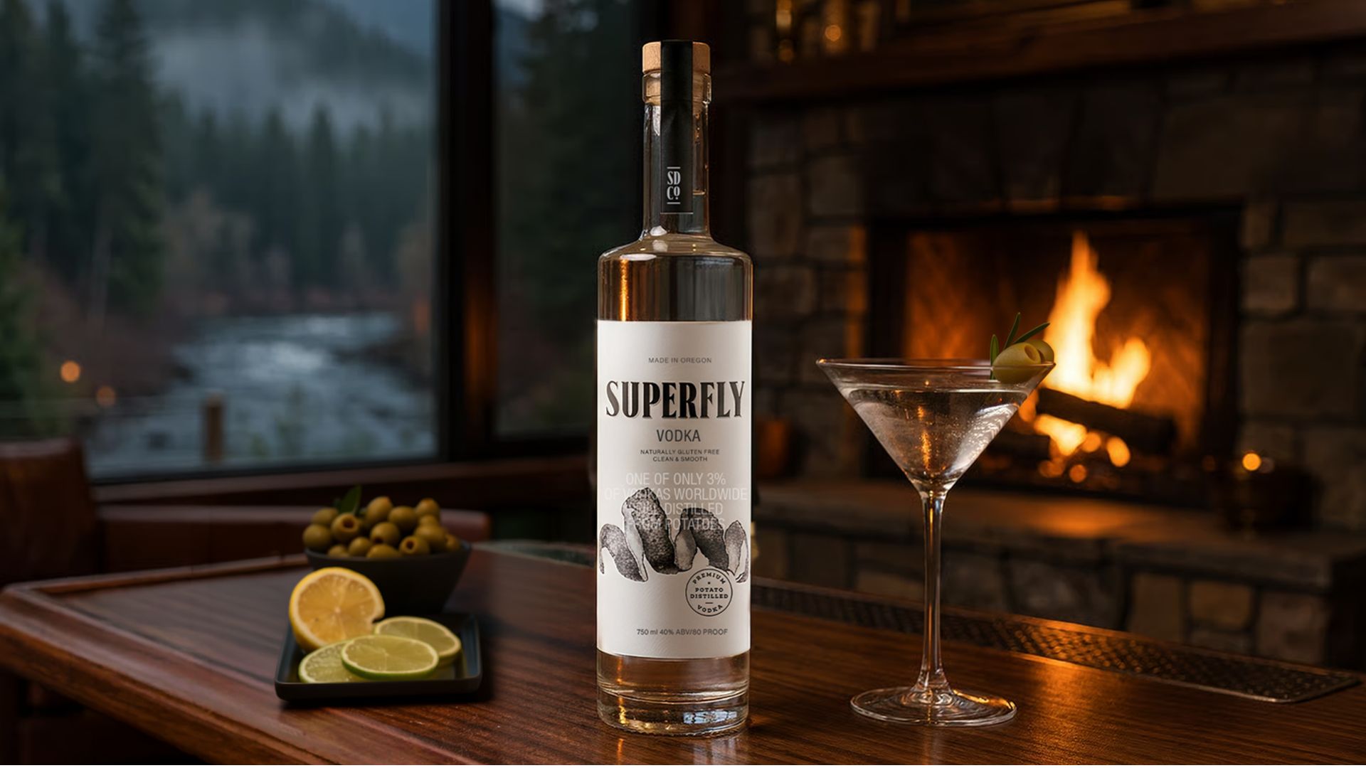 Superfly martini by the fireplace